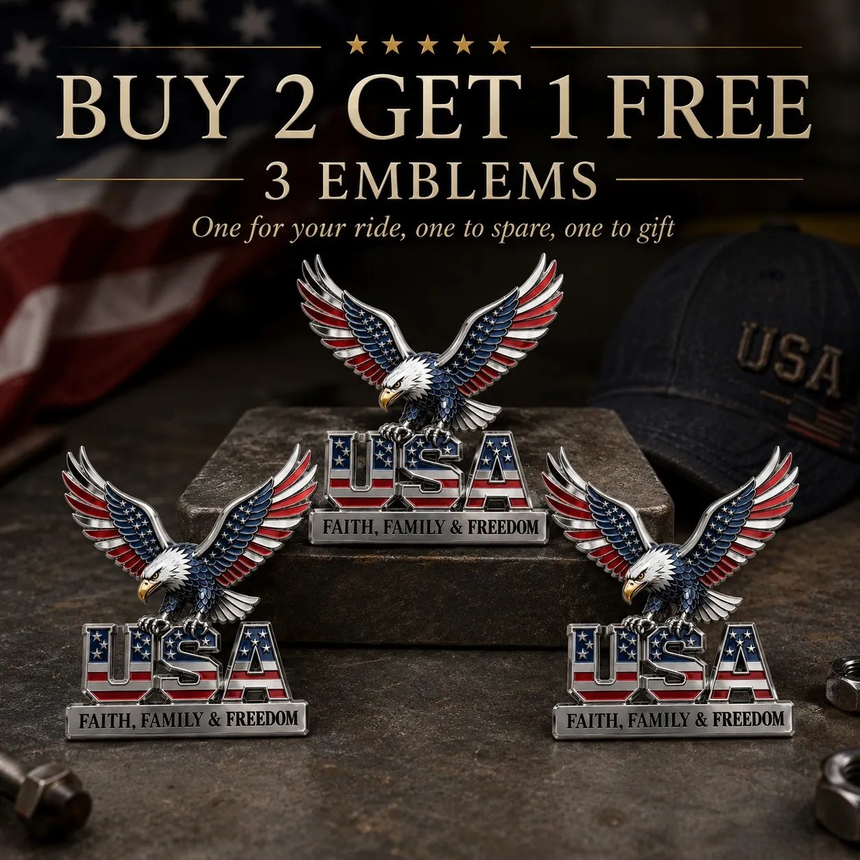 Buy 2 Get 1🔥 🇺🇸250th Anniversary - ★USA Faith, Family & Freedom★ Metal Emblem