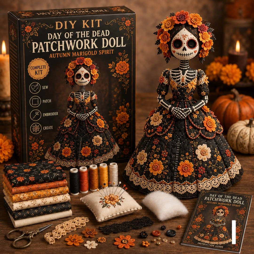 🔥 LAST DAY 50% OFF – Day of the Dead Patchwork Doll DIY Kit | Handmade Fabric Craft with Floral Details