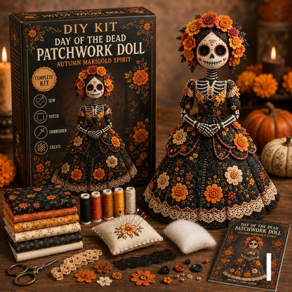 🔥 LAST DAY 50% OFF – Day of the Dead Patchwork Doll DIY Kit | Handmade Fabric Craft with Floral Details