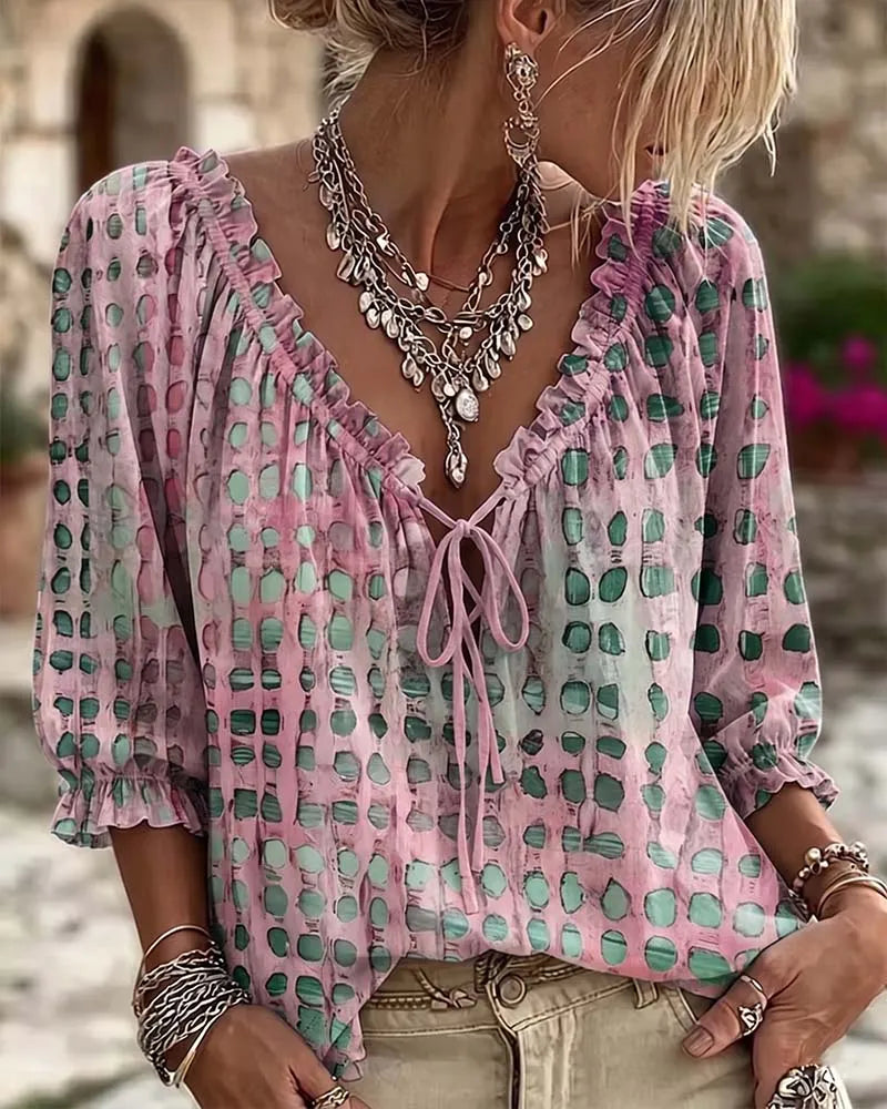 Women 3/4 Sleeve V-Neck Polka Dot Lace Up Blouse