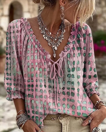 Women 3/4 Sleeve V-Neck Polka Dot Lace Up Blouse