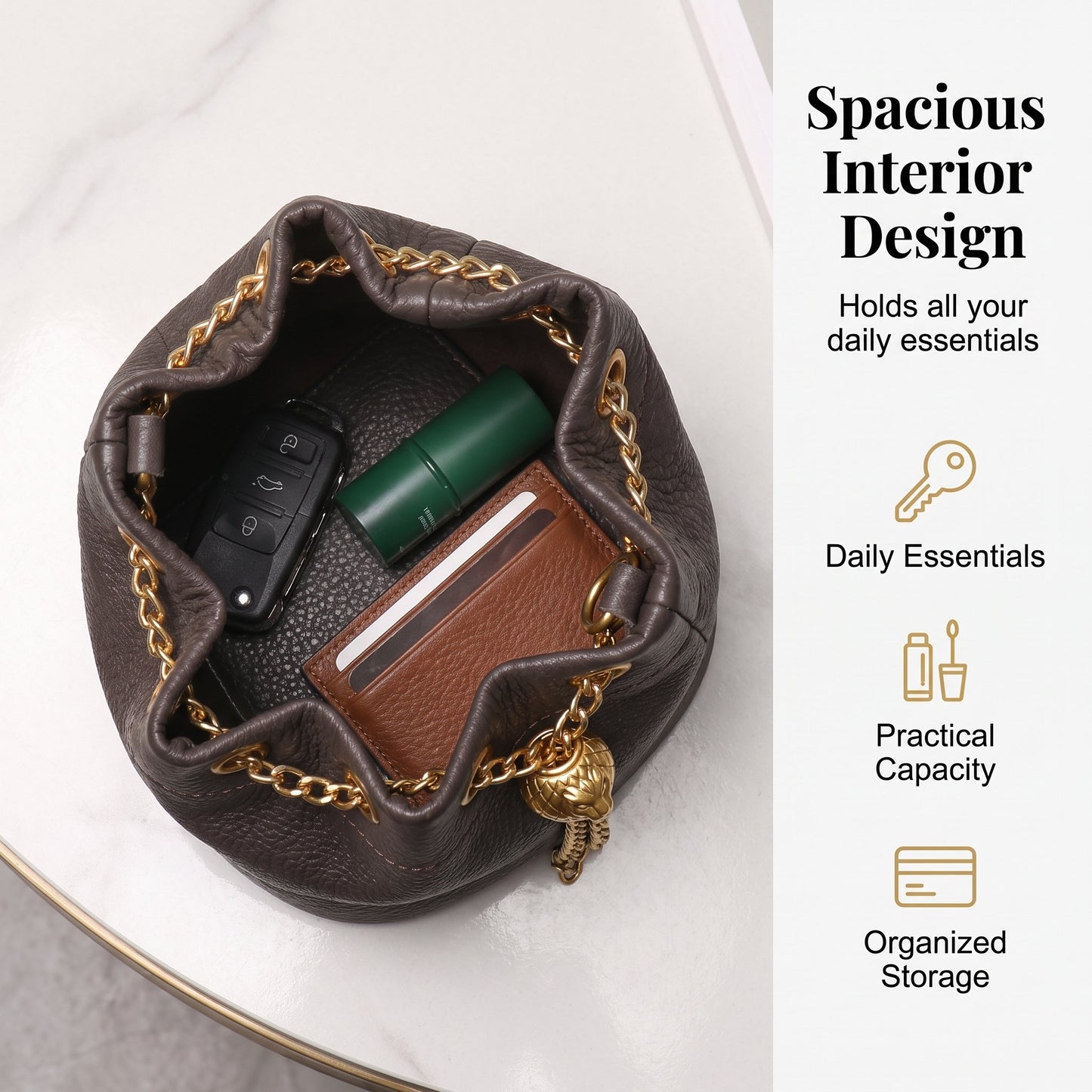 🍂Genuine Leather Bucket Bag 👜 Shoulder Bag with Chain Strap for Women