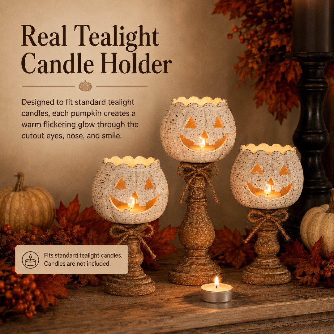 🎉Rustic White Pumpkin Tealight Candle Holder Set of 3