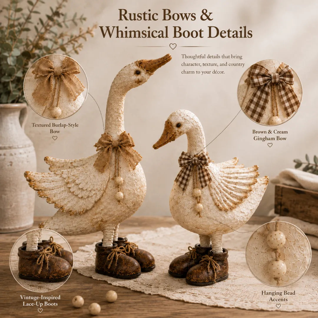 Cottage goose figurines styled together in a warm farmhouse room
