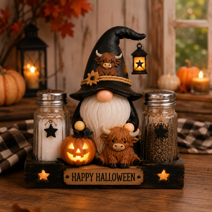 🎃 Glowing Halloween Gnome Salt & Pepper Holder Set – Includes 2 Glass Shakers