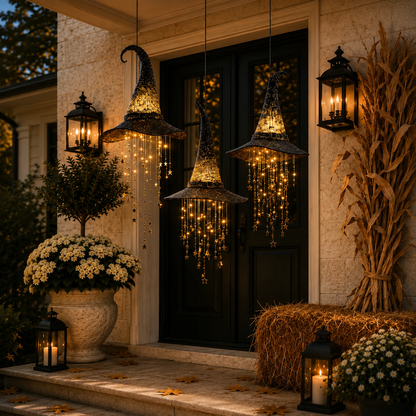 🧙‍♀️✨ Lighted Witch Hat Hanging Chime with Remote | Battery-Powered Starry Halloween Door & Porch Décor