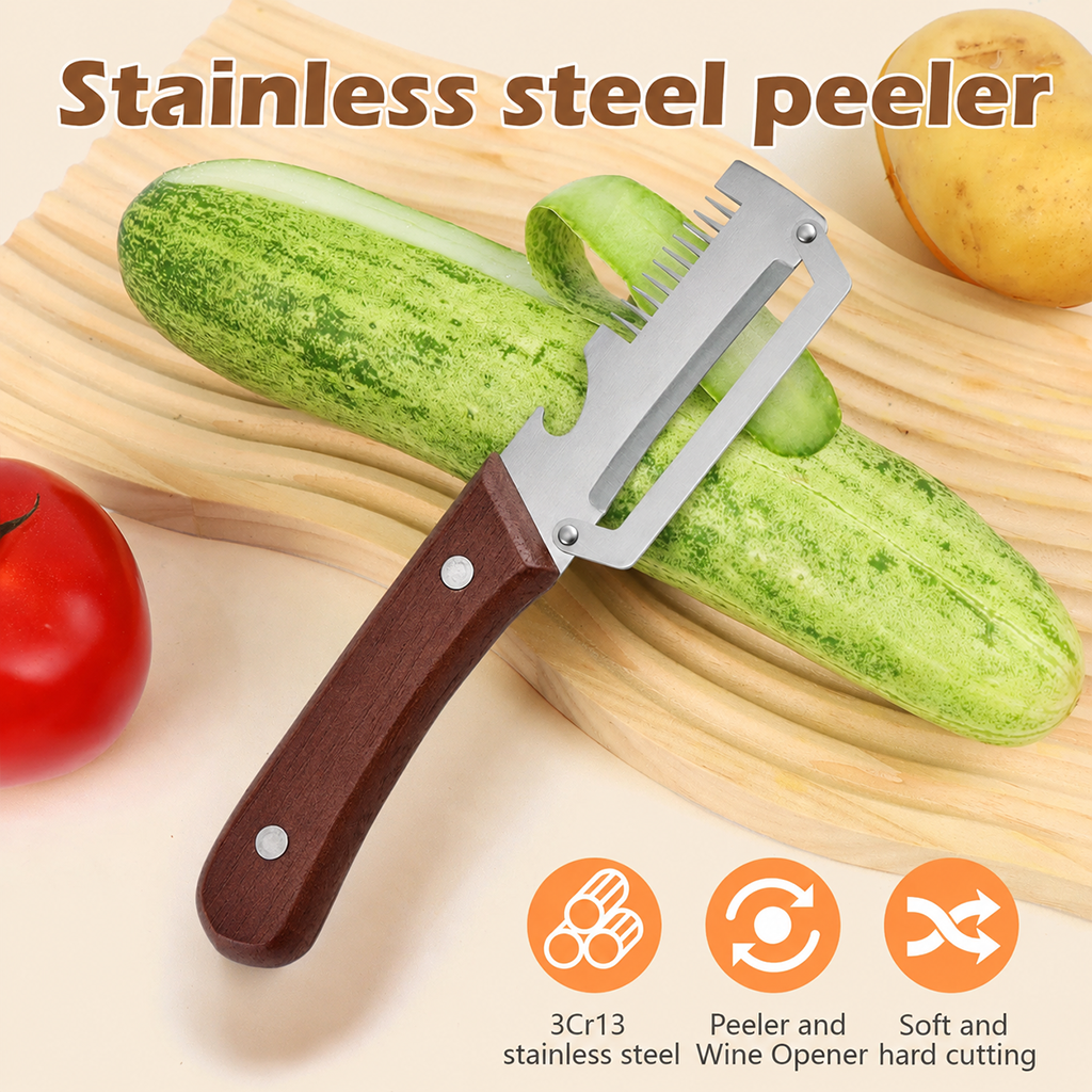 🔪Wooden-Handled Vegetable & Fruit Peeler🥕 - Stainless Steel Blade with Built-In Bottle Opener