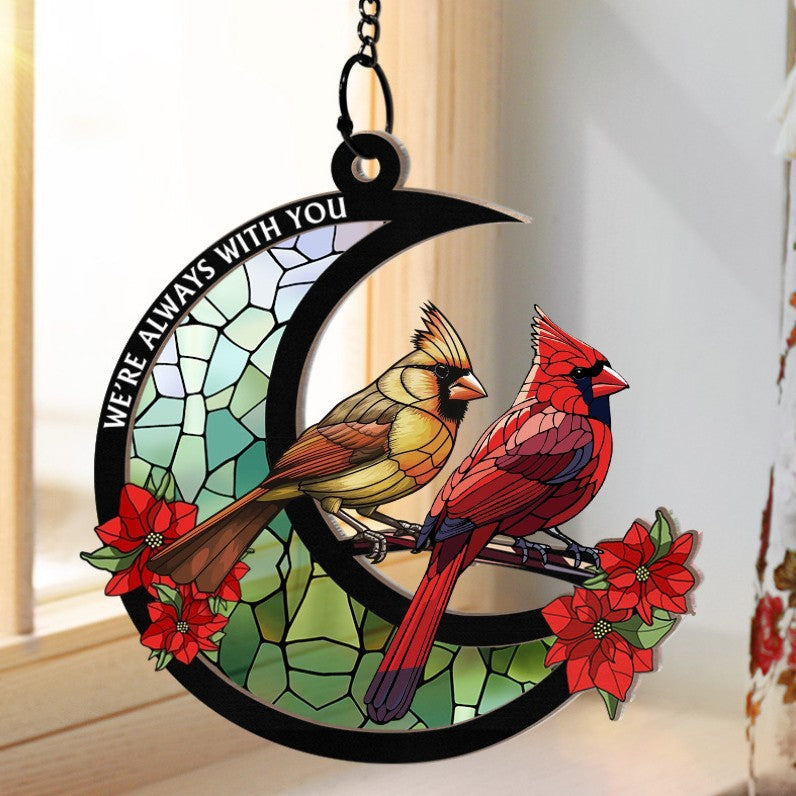 ❤️ In Loving Memory 🕊️ Cardinal Stained Glass Moon Ornament – Personalized Window Suncatcher