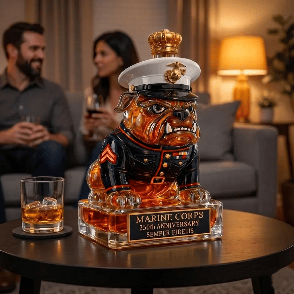 🔥 250 Years of Honor – Marine Devil Dog Commemorative Whiskey Decanter 🐶🎖️