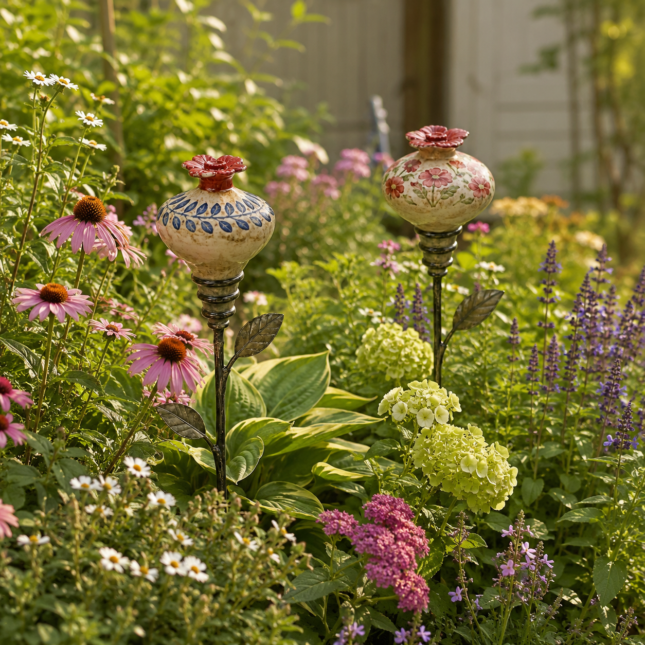 Two vintage-style ceramic hummingbird feeders in a flower bed
