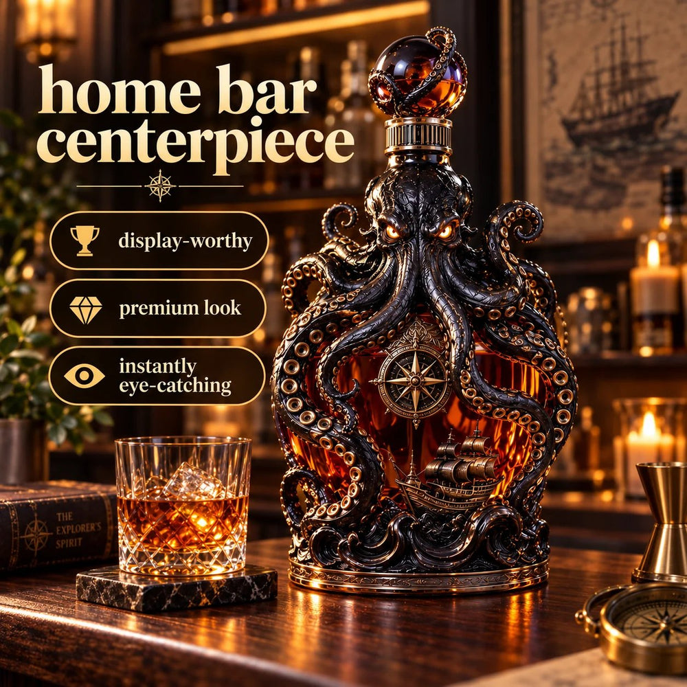 Kraken collector decanter displayed on a dark wood home bar