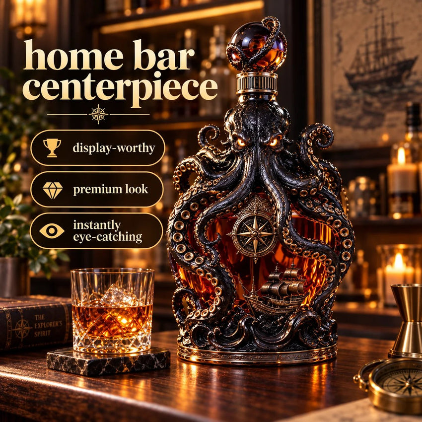 Kraken decanter on wooden home bar counter