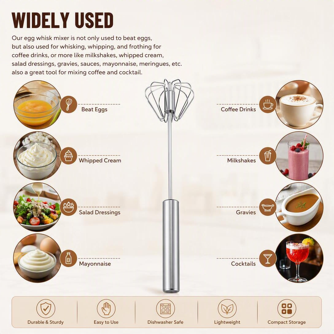 🥚 Stainless Steel Semi-Automatic Egg Whisk – Effortless Mixing for Baking & Cooking