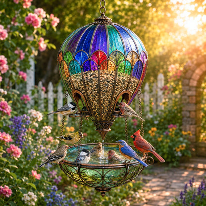 🌈 Garden in the Sky – Stained Glass Hot Air Balloon Bird Feeder🐦