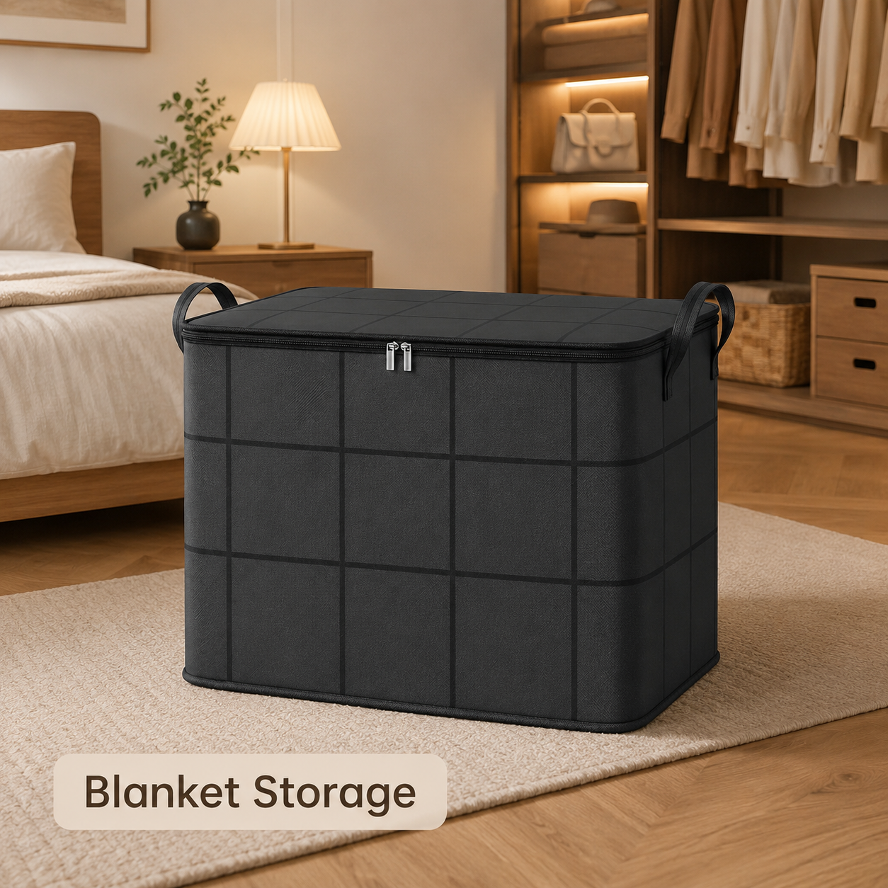 Large Foldable Zippered Storage Bin with Handles for Quilts and Bedding