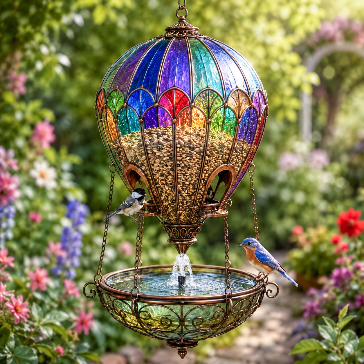🌈 Garden in the Sky – Stained Glass Hot Air Balloon Bird Feeder🐦