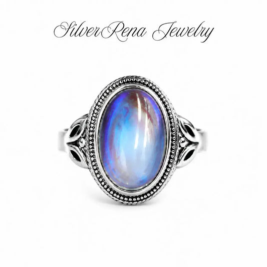 💎Vintage Rainbow Moonstone Ring-Oval Cabochon Filigree Jewelry