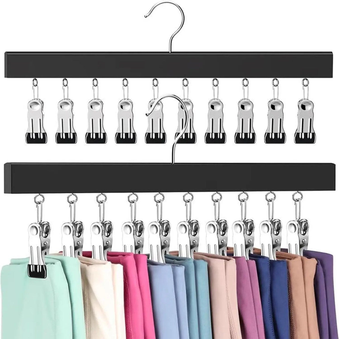 🔥HOT SALE NOW!  Wooden Clothing Organizer Hanger with 12 Stainless Steel Clips