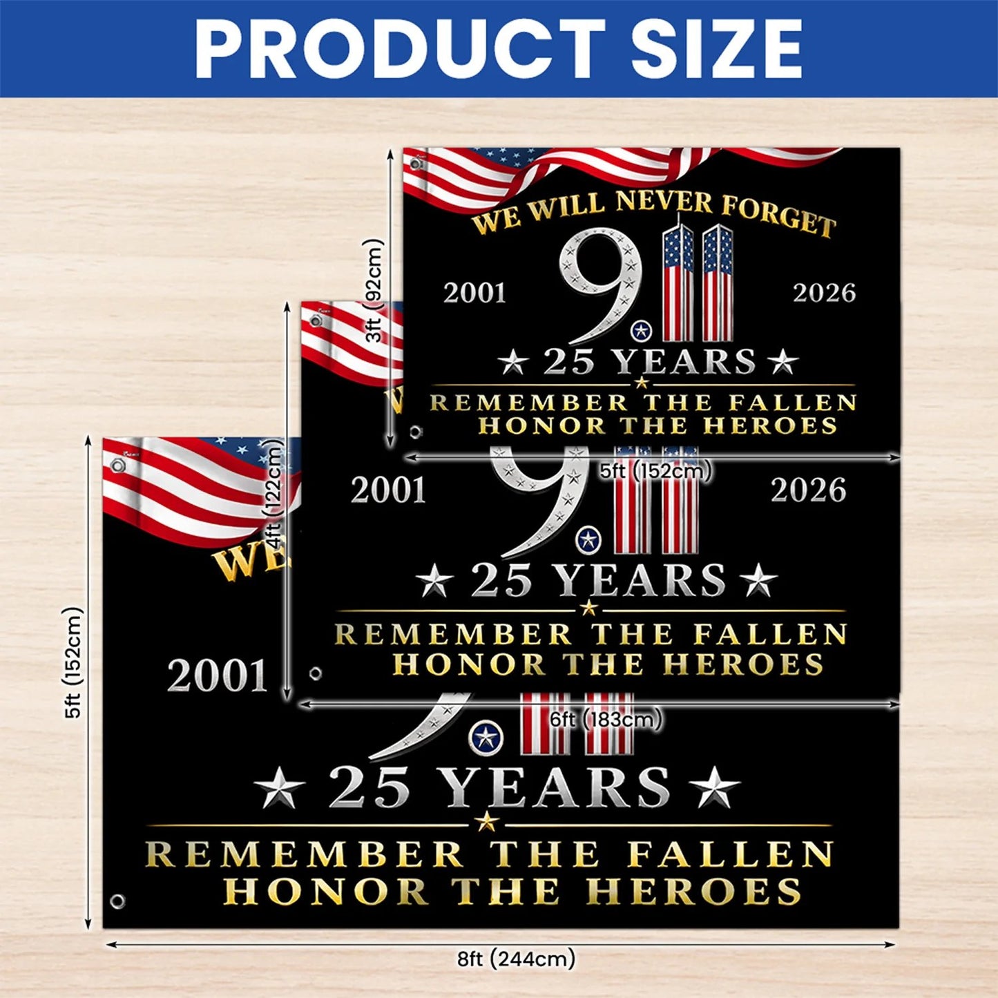 25 Years 911 Memorial Grommet Flag, Remember Honor Heroes Never Forget Flag