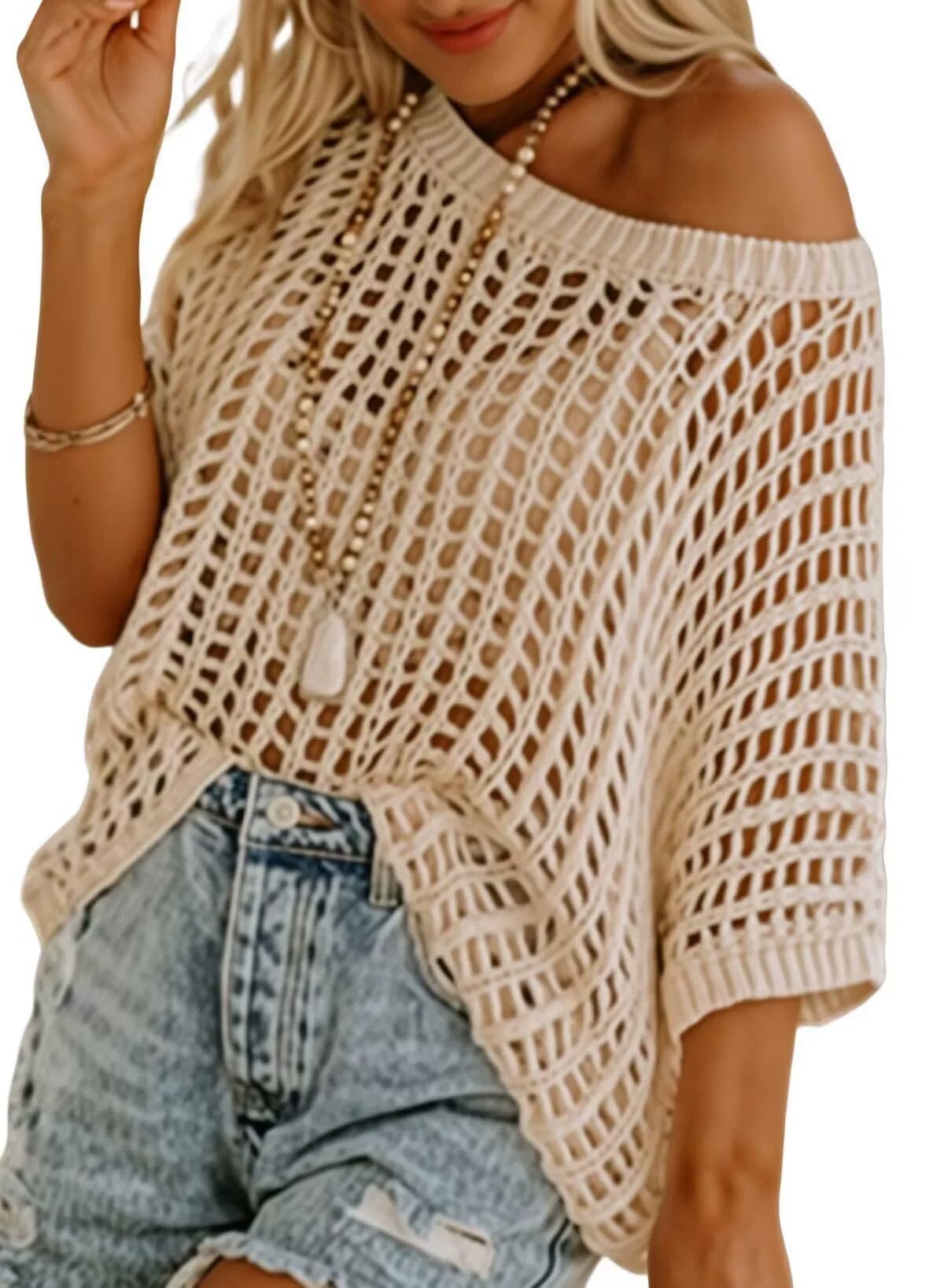Summer Sale 49% OFF 🎁 Womens Summer Scoop Neck ShortSleeve Sweater Casual Crochet Hollow Out KnitTops