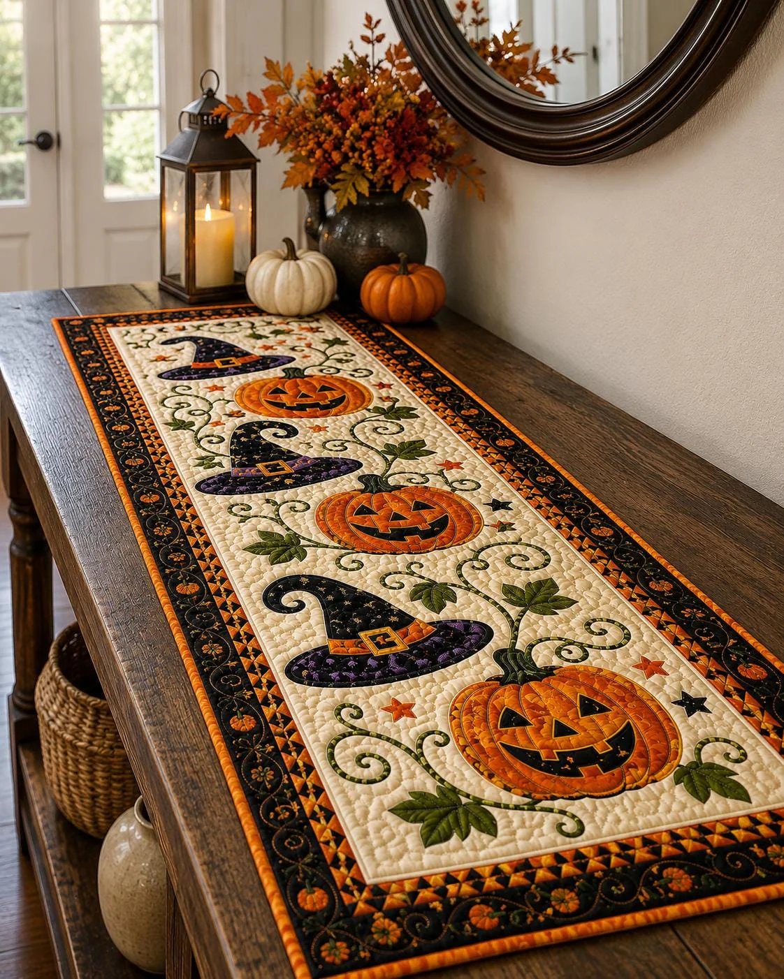🎃🍂 Rustic Quilted Autumn Table Runner – Cozy Harvest Table Decor