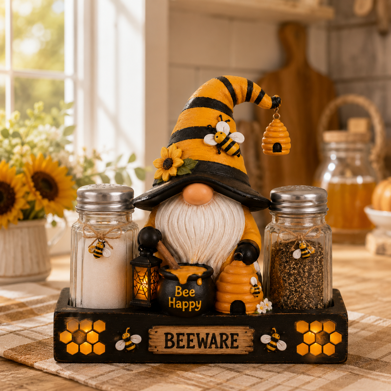 🎃 Glowing Halloween Gnome Salt & Pepper Holder Set – Includes 2 Glass Shakers