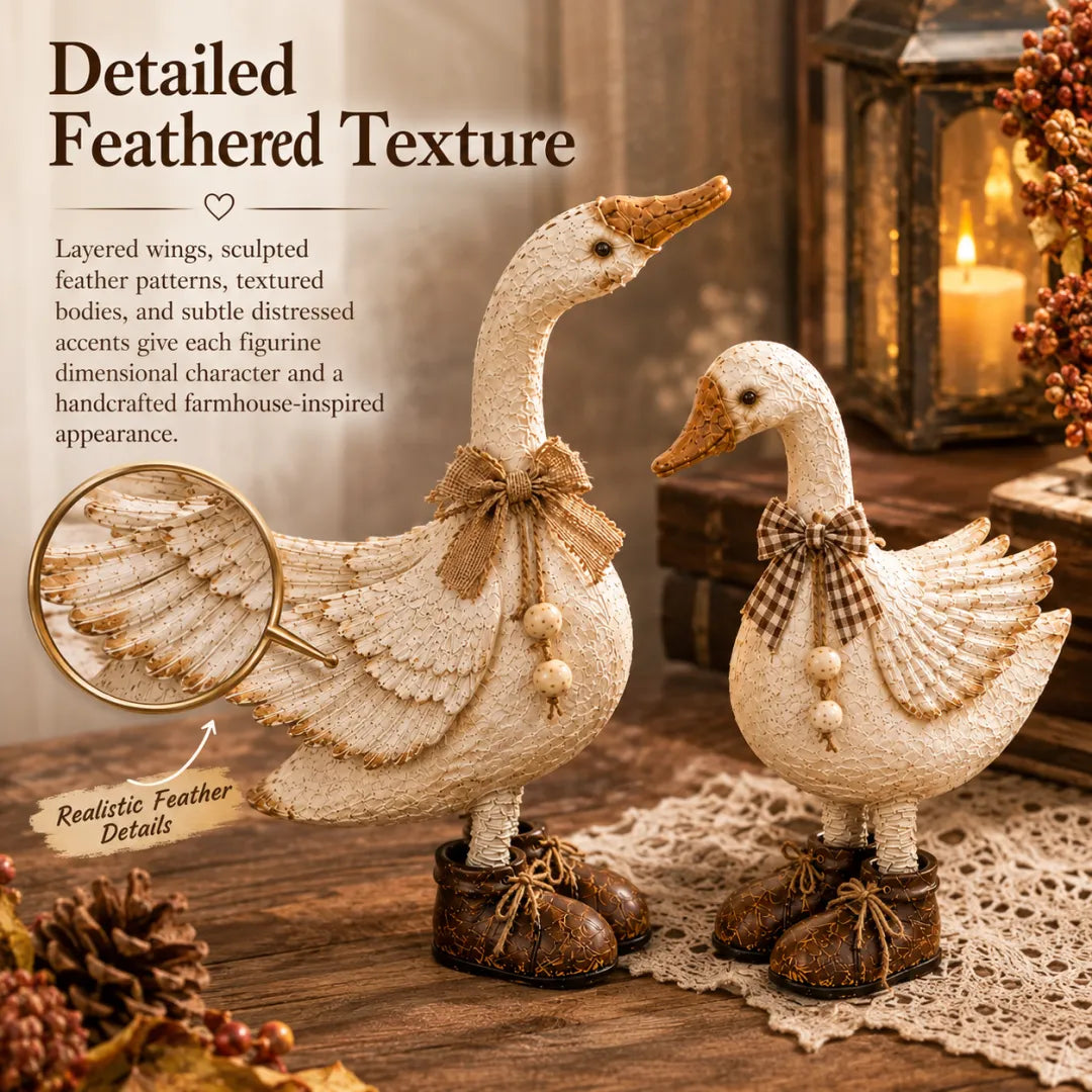 Cream and brown farmhouse chicken shelf sitter figurines displayed as a pair