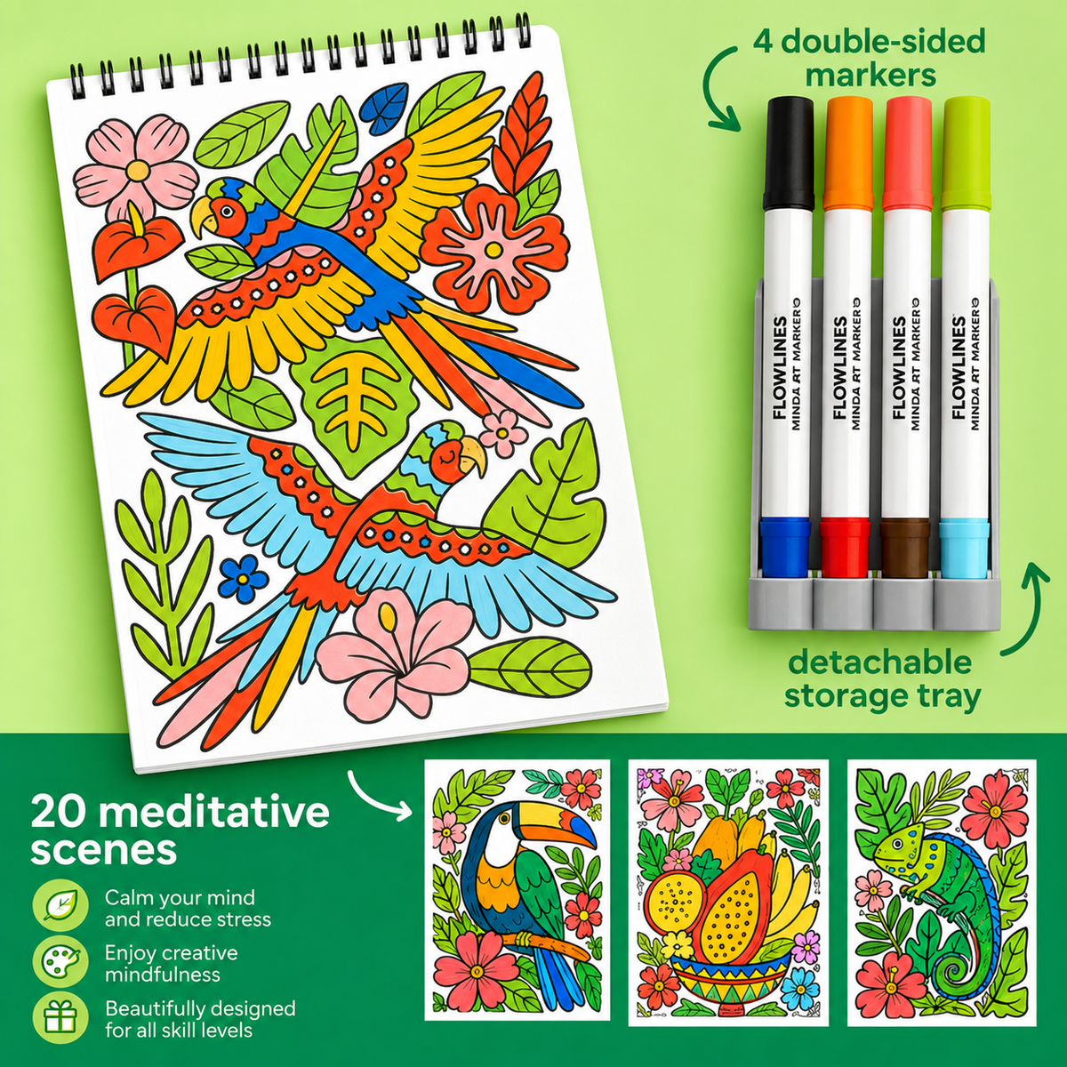 Product contents including twenty scenes, markers, and detachable storage tray