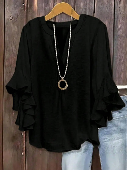 🔥Plus Size Women's Ruffle Sleeve V-Neck Shirt, Elegant Floral Design, Comfortable and Stylish, Perfect for Casual Wear