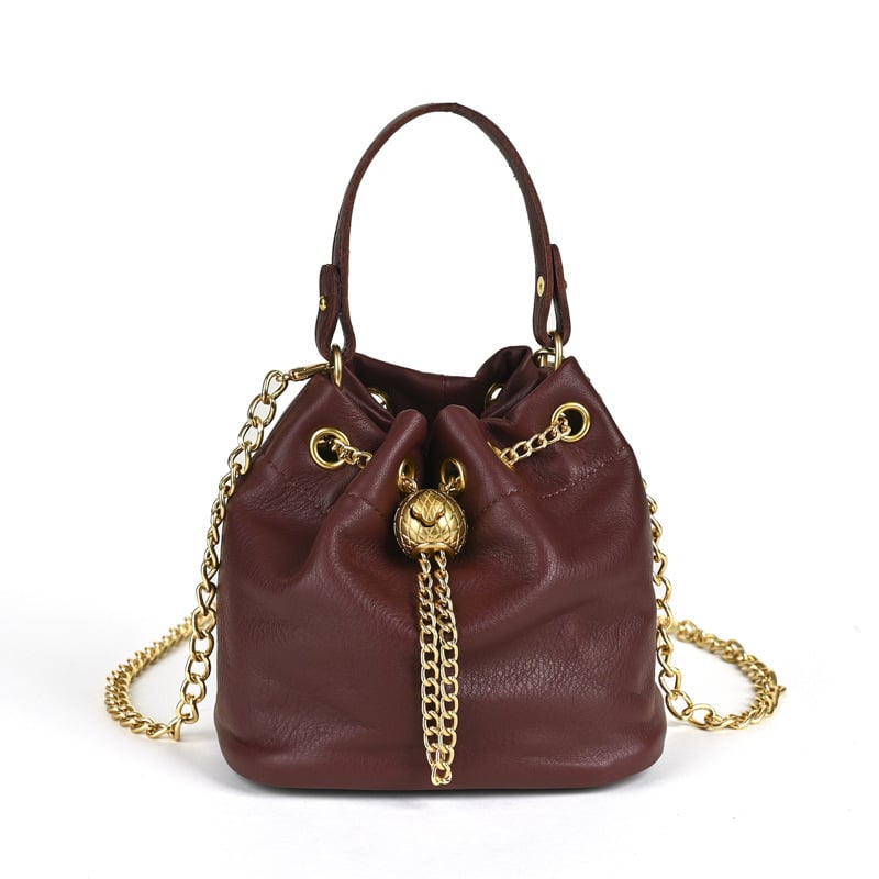 🍂Genuine Leather Bucket Bag 👜 Shoulder Bag with Chain Strap for Women