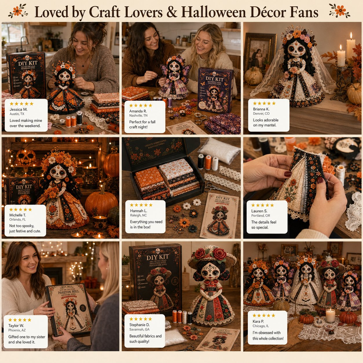 🔥 LAST DAY 50% OFF – Day of the Dead Patchwork Doll DIY Kit | Handmade Fabric Craft with Floral Details