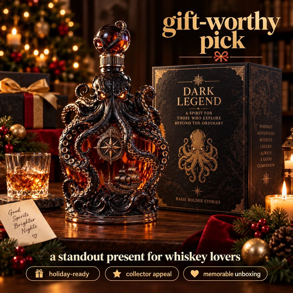 Dark Abyss Kraken decanter beside Dark Legend themed gift box