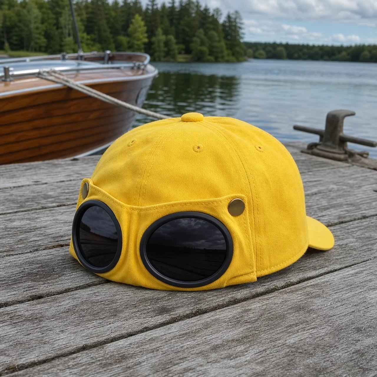 A bright yellow baseball cap with large aviator-style sunglasses attached, resting on a weathered wooden dock with a lake, boat, and trees in the background.