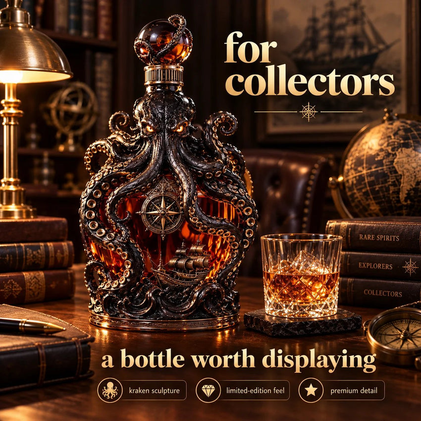 Kraken collector bottle displayed in a library with a whiskey glass