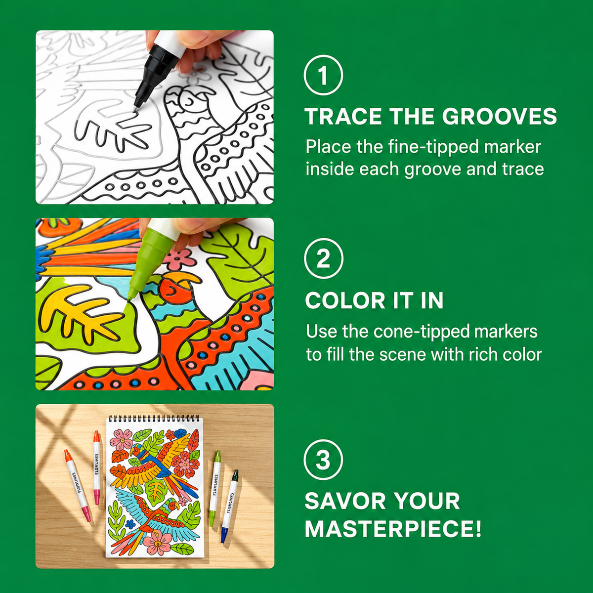 Three-step guide showing how to trace and color the artwork