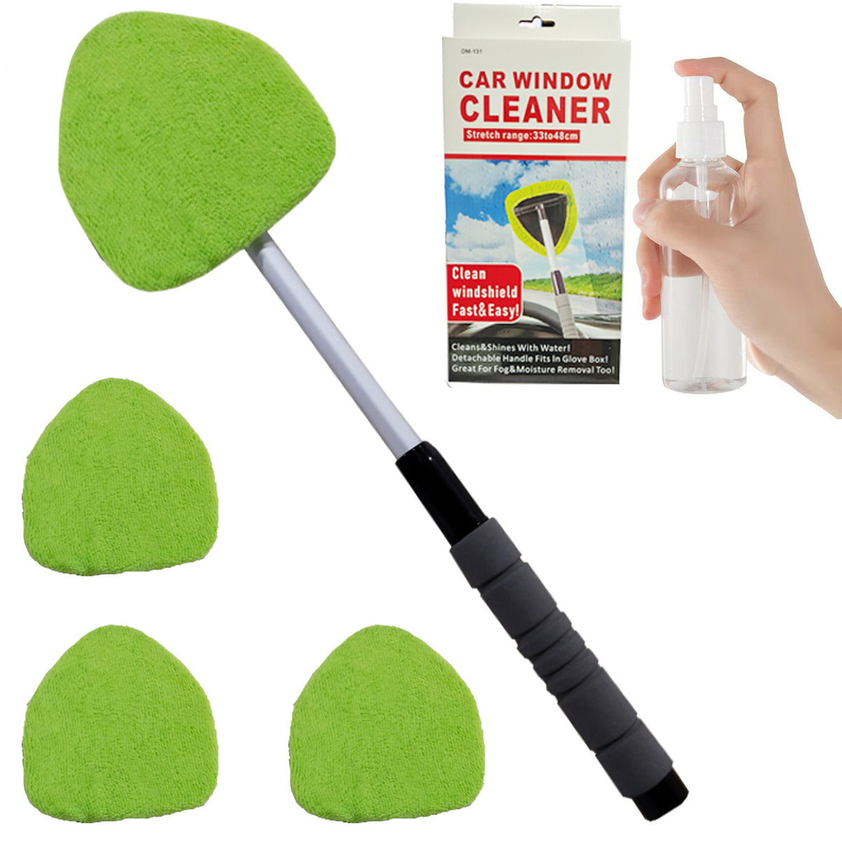 Windshield Cleaning Tool, Microfiber Car Window Cleaner with 4 Reusable and Washable Microfiber Pads and Extendable Handle