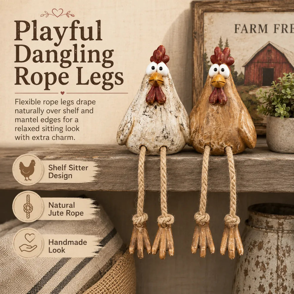Chicken figurines styled in a cozy country home