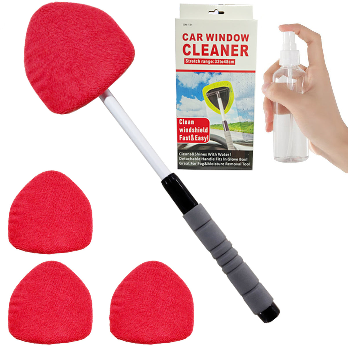 Windshield Cleaning Tool, Microfiber Car Window Cleaner with 4 Reusable and Washable Microfiber Pads and Extendable Handle