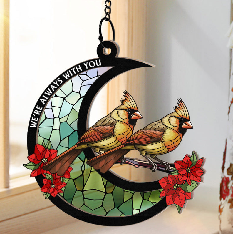 ❤️ In Loving Memory 🕊️ Cardinal Stained Glass Moon Ornament – Personalized Window Suncatcher