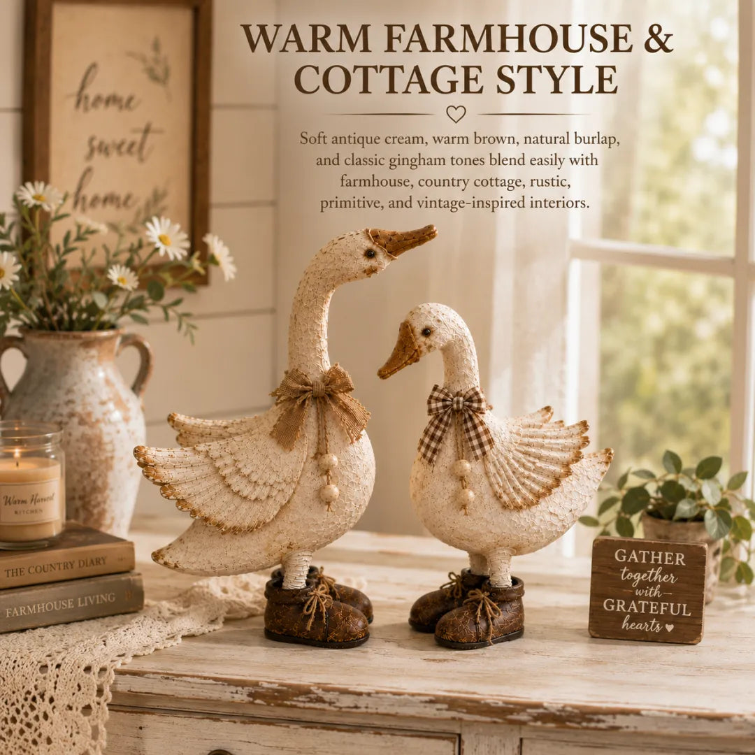 Goose pair arranged as farmhouse tabletop decor