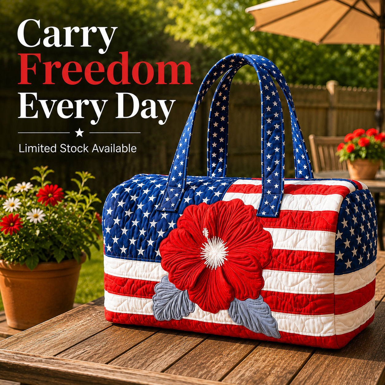 🦅👜Handcrafted American Flag Quilted Tote – 3D Floral Patriotic Shoulder Bag🌸