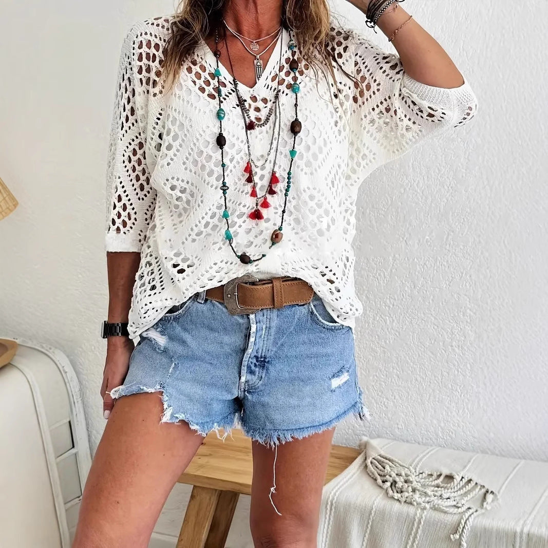 Women's Bohemian-Inspired Beige Crochet Top with V-Neck