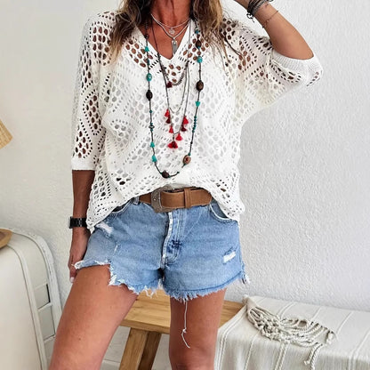 Women's Bohemian-Inspired Beige Crochet Top with V-Neck