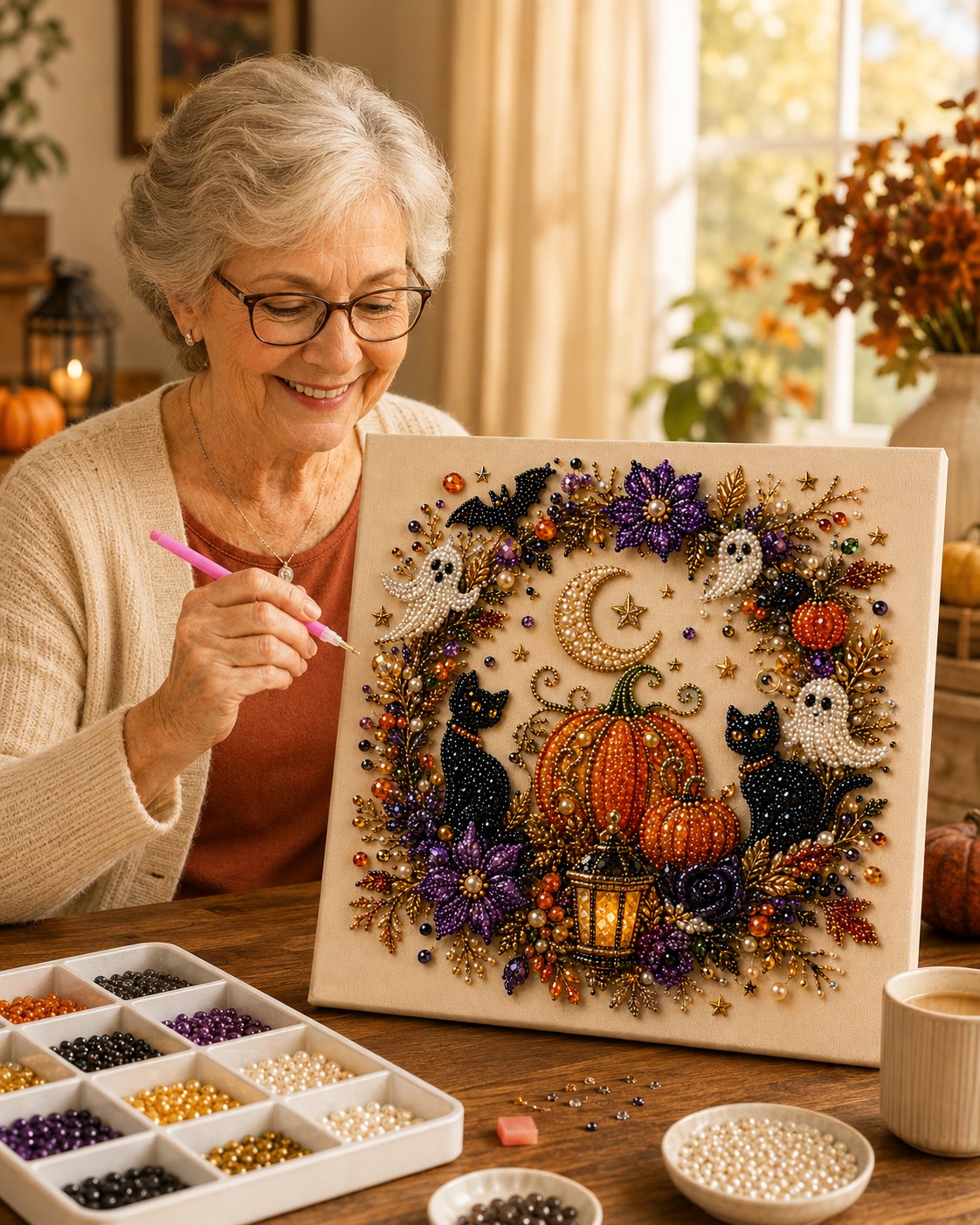 👻✨ Halloween Sparkling Pearl Art DIY Kit 🎃💎 – Create, Decorate & Display 🖼️🧡