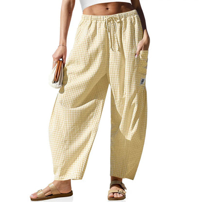 [SS26 Collection]TARSE Womens Wide Leg Gingham Striped Plaid Pants Casual Barrel Loose Drawstring Low Waist Palazzo Harem Pants with Pockets