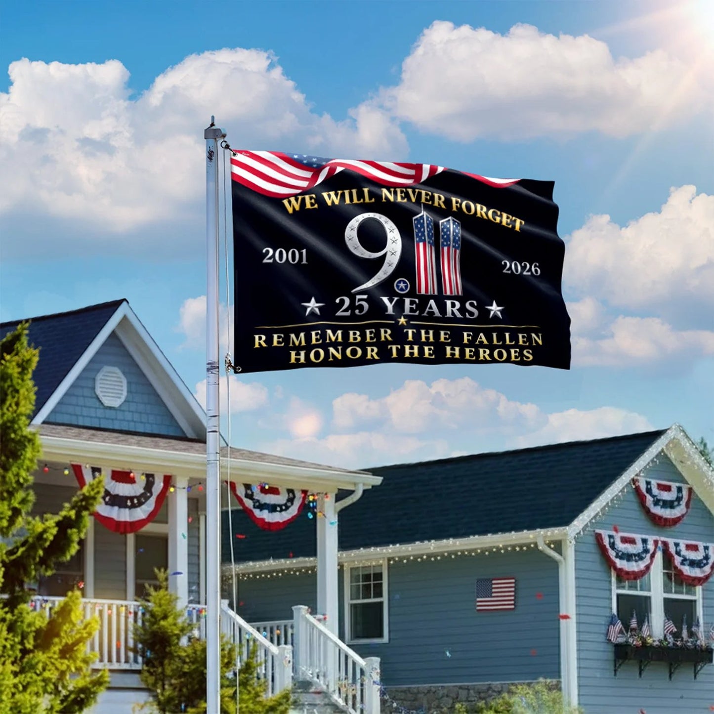 25 Years 911 Memorial Grommet Flag, Remember Honor Heroes Never Forget Flag