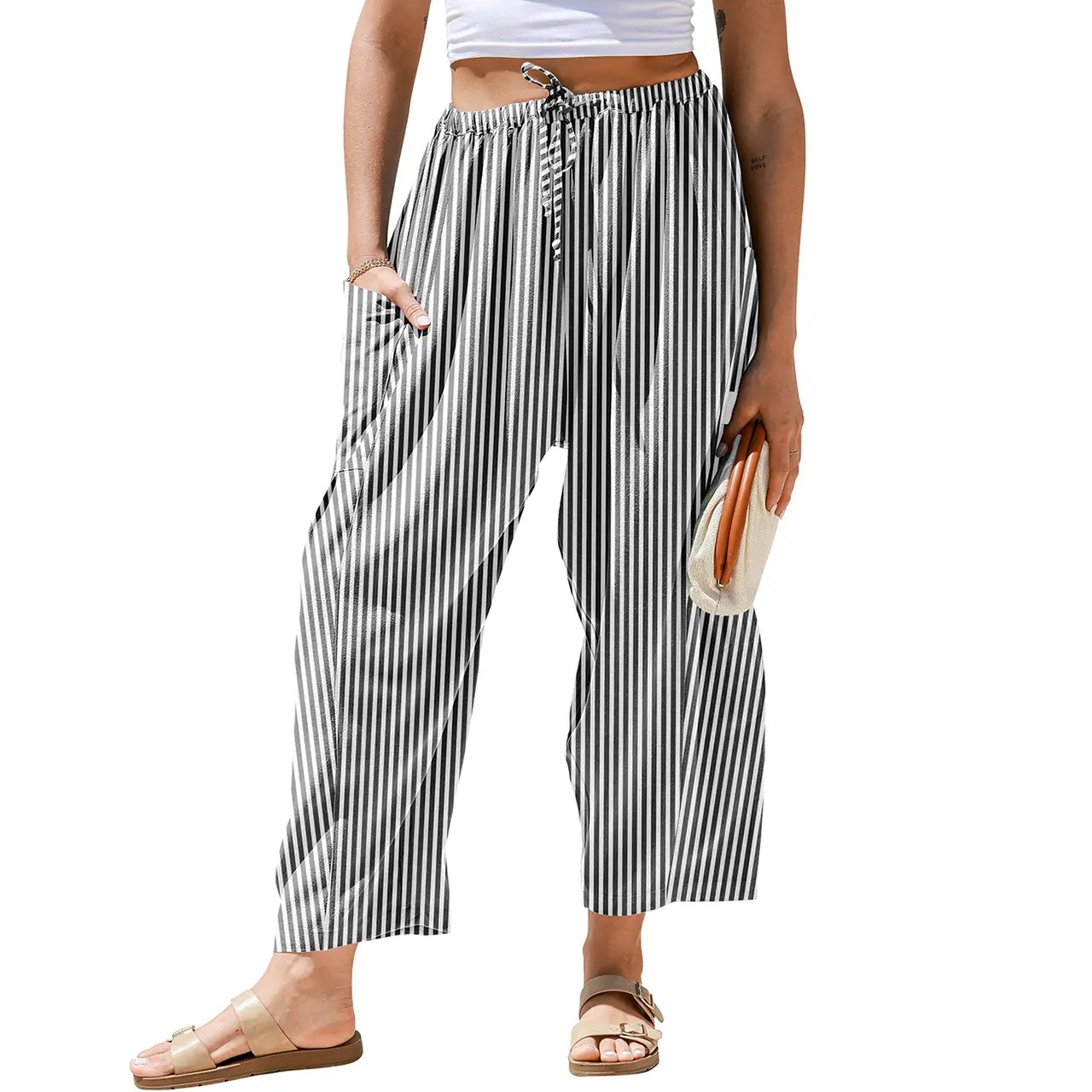 [SS26 Collection]TARSE Womens Wide Leg Gingham Striped Plaid Pants Casual Barrel Loose Drawstring Low Waist Palazzo Harem Pants with Pockets