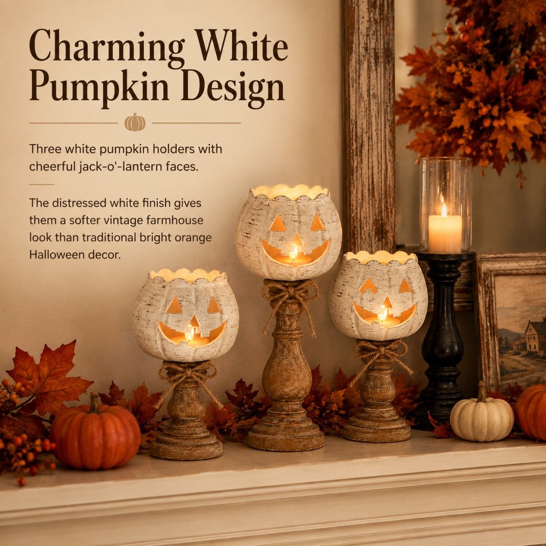 🎉Rustic White Pumpkin Tealight Candle Holder Set of 3