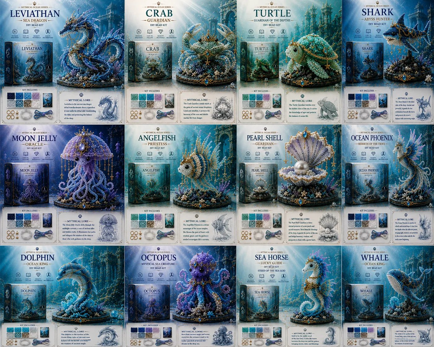 🌊Mythical Ocean DIY Bead Kit | 3D Sea Creature Craft Set – 12 Designs, Beginner Friendly