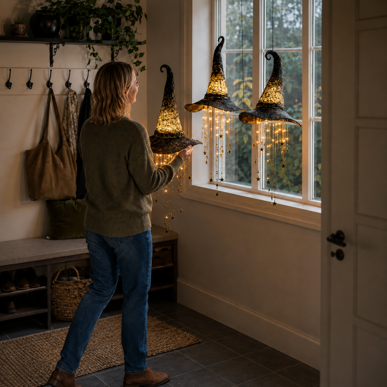 🧙‍♀️✨ Lighted Witch Hat Hanging Chime with Remote | Battery-Powered Starry Halloween Door & Porch Décor